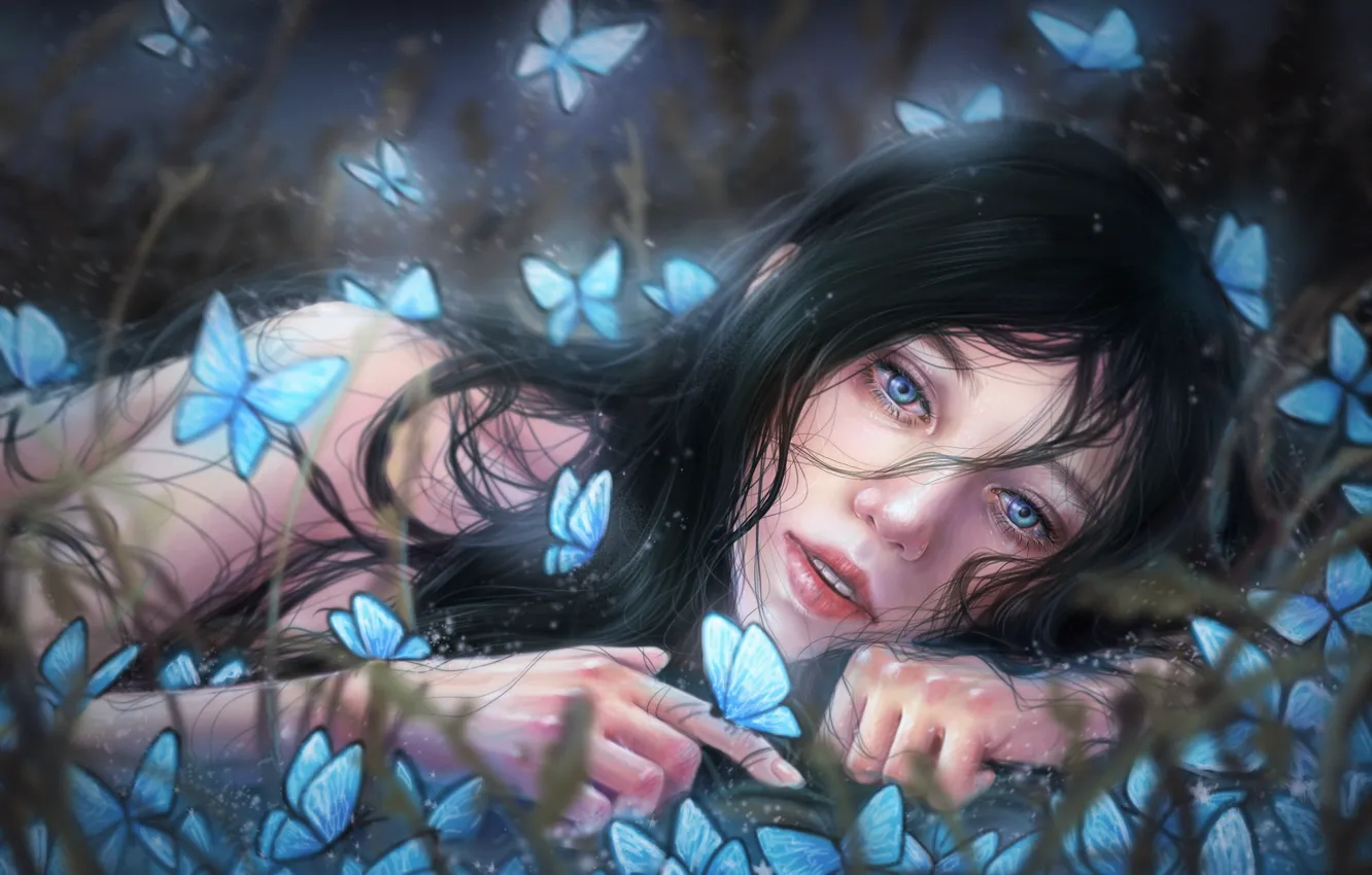 Photo wallpaper girl, face, butterfly, lies