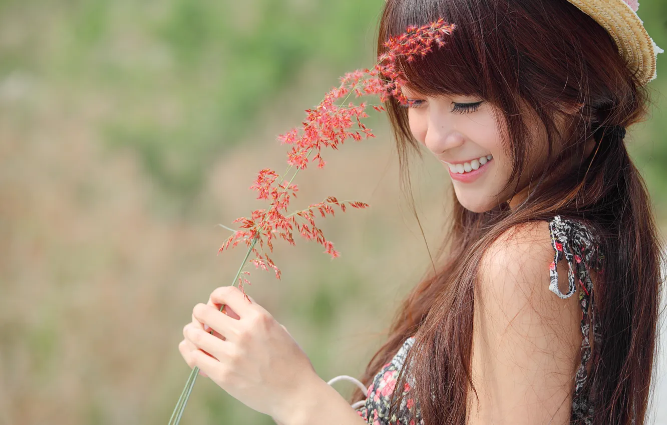 Photo wallpaper girl, nature, face, eyelashes, smile, hair