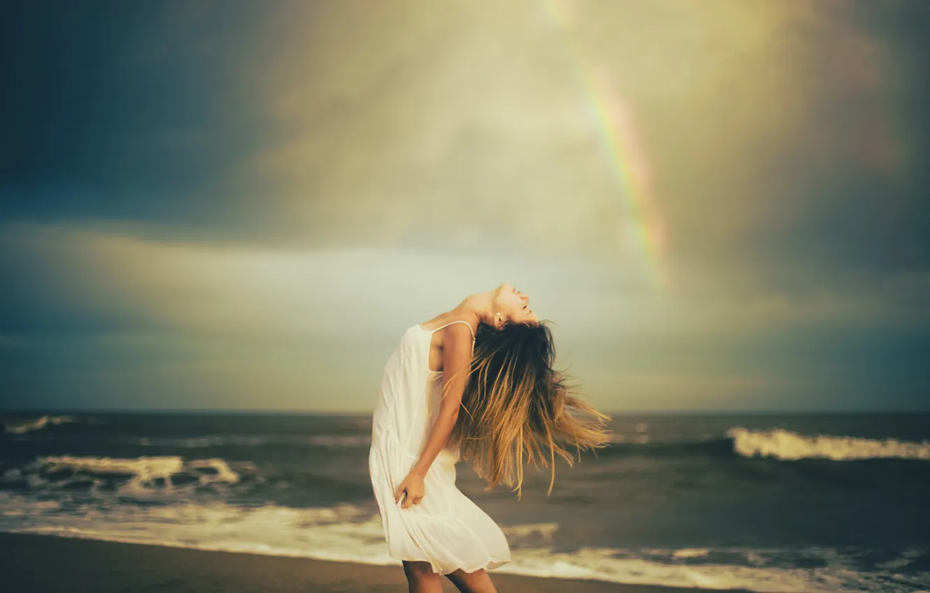 Photo wallpaper sea, girl, mood, rainbow