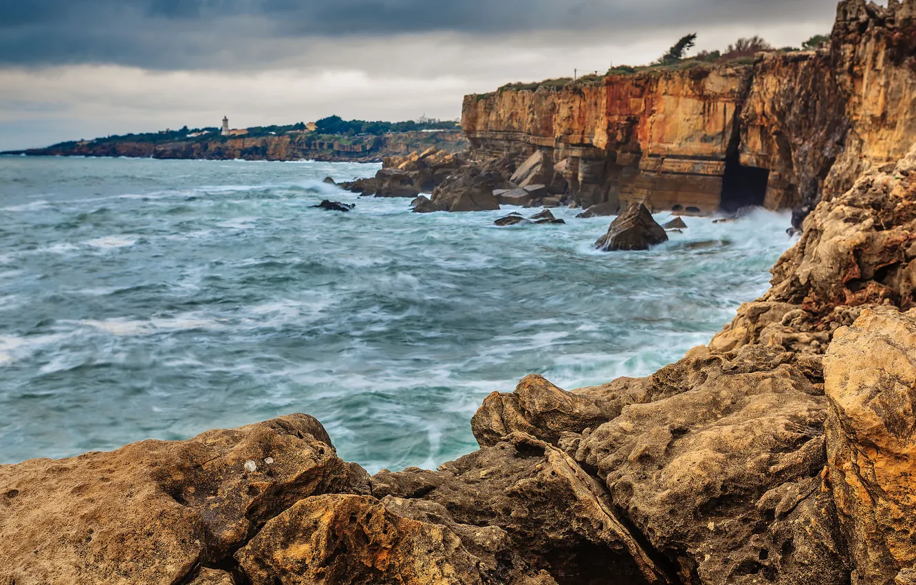 Photo wallpaper sea, wave, rocks, storm