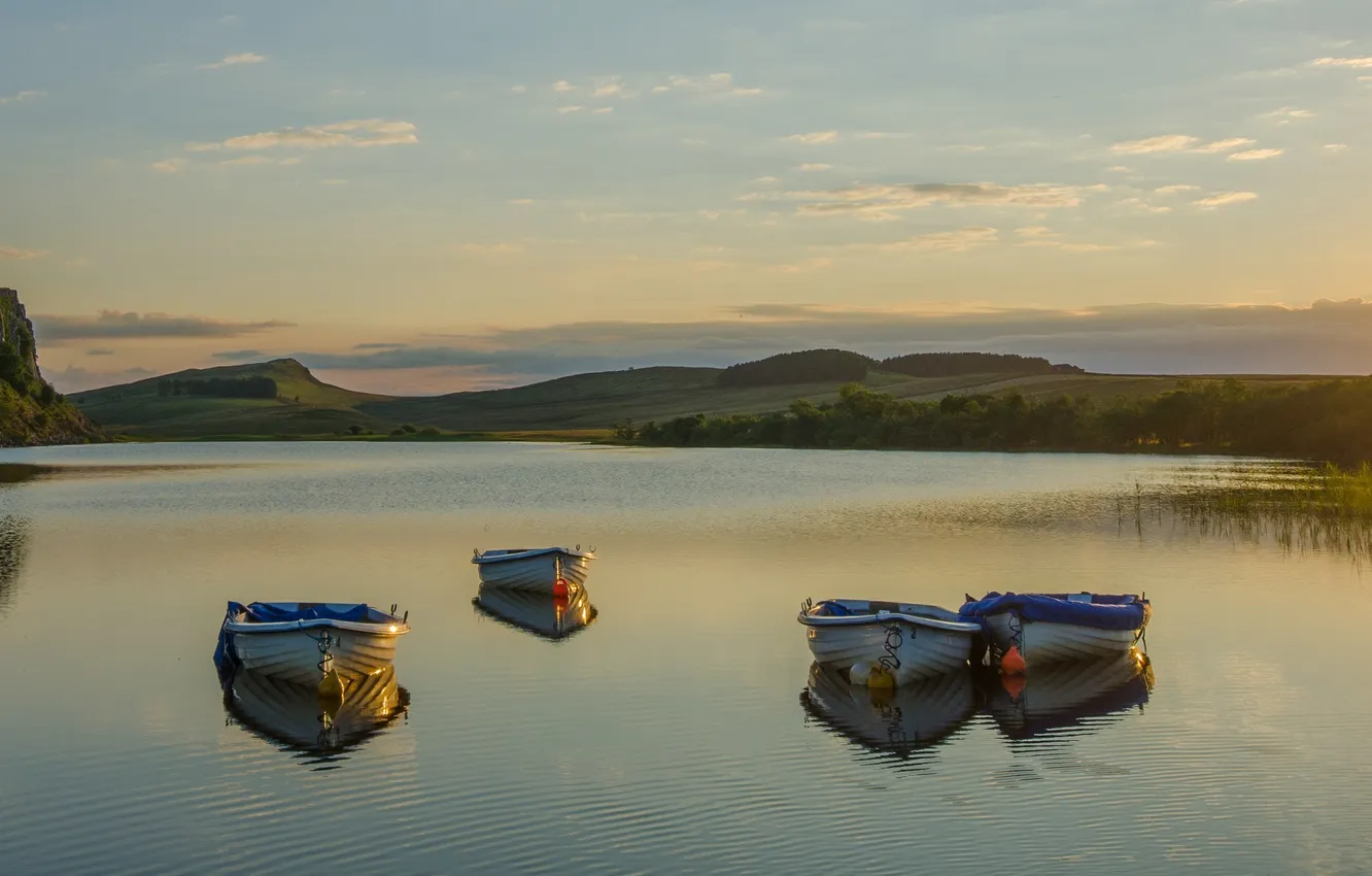 Photo wallpaper nature, lake, boat, the evening