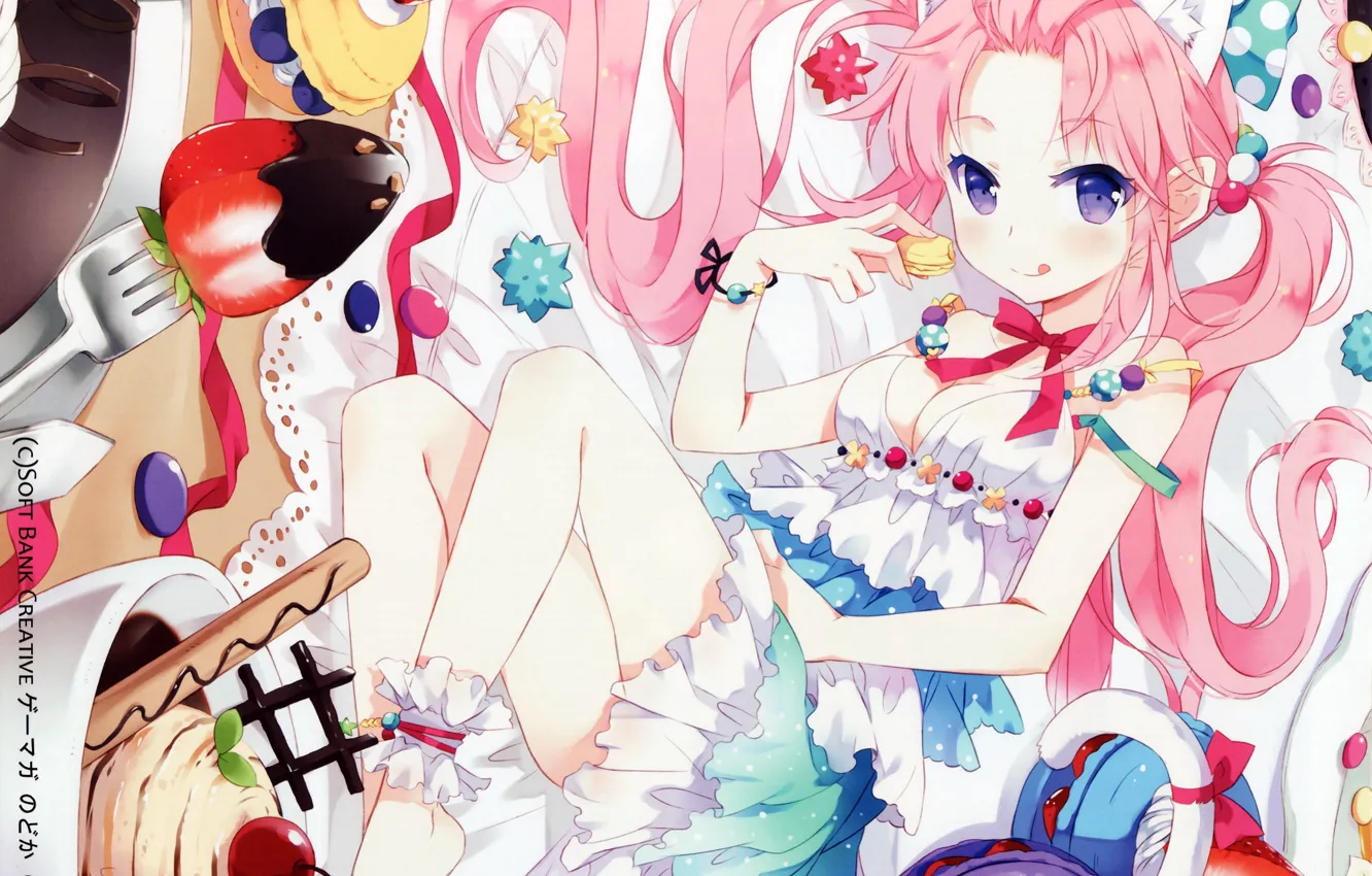 Photo wallpaper girl, sweets, plug, dessert, knees, sweet tooth, pink hair, two tails