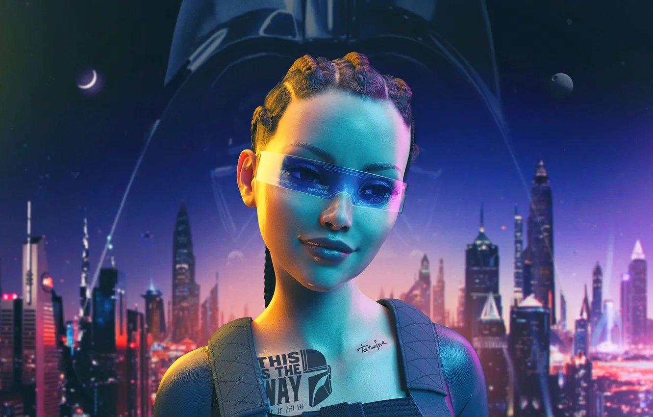 Photo wallpaper girl, city, the city, future, brunette, tattoo, Star Wars, star wars