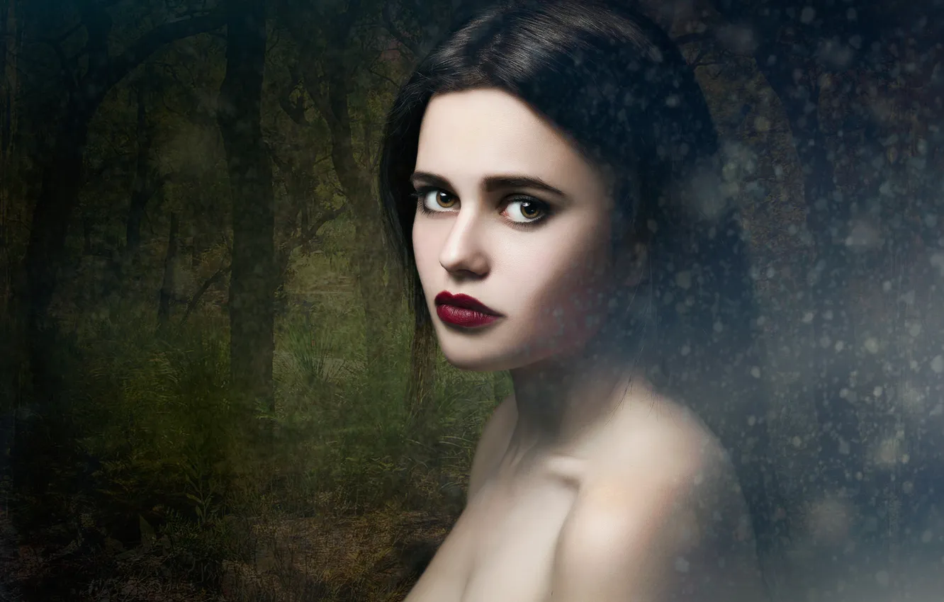 Photo wallpaper look, girl, face, the dark background, portrait, treatment, texture, makeup