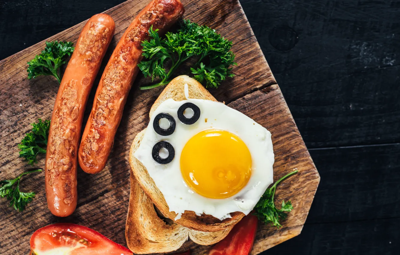 Photo wallpaper food, Breakfast, bread, tomatoes, parsley, toast, sandwiches, sausages