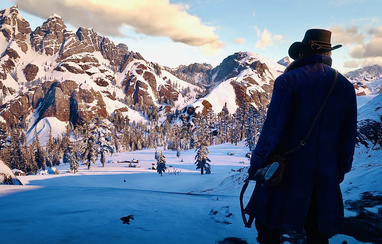 Photo wallpaper HDR, gun, game, sky, trees, wood, winter, clouds