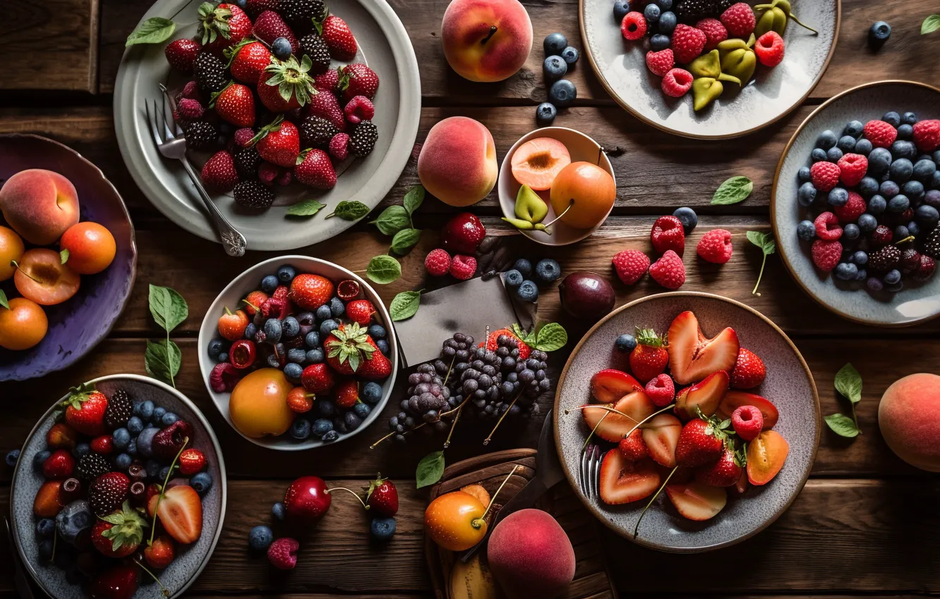 Photo wallpaper berries, raspberry, table, Board, food, blueberries, strawberry, plate