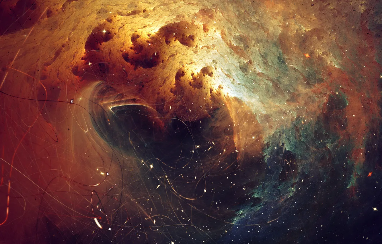 Photo wallpaper space, particles, galaxy, thread, fractal