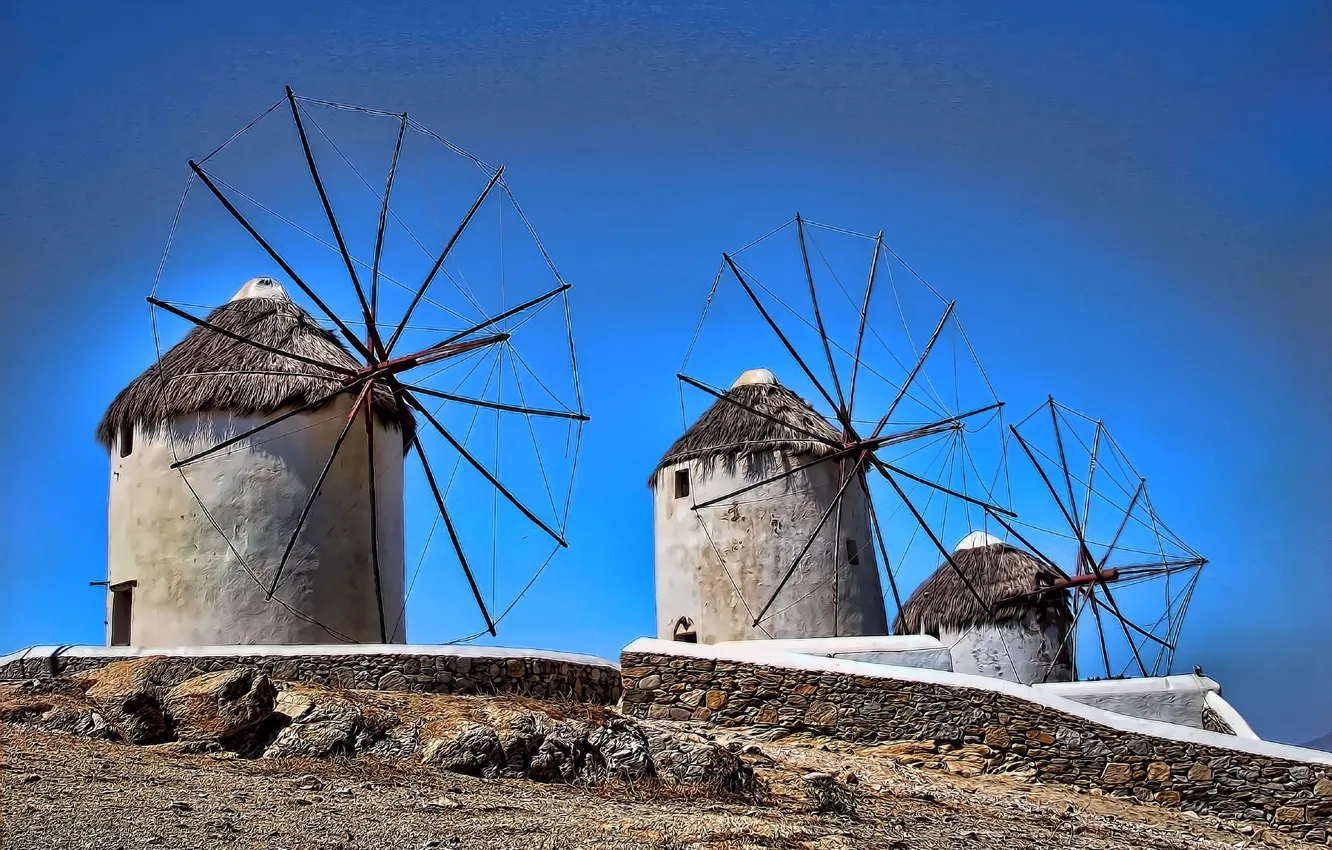 Photo wallpaper the sky, rendering, Greece, windmill, Mykonos