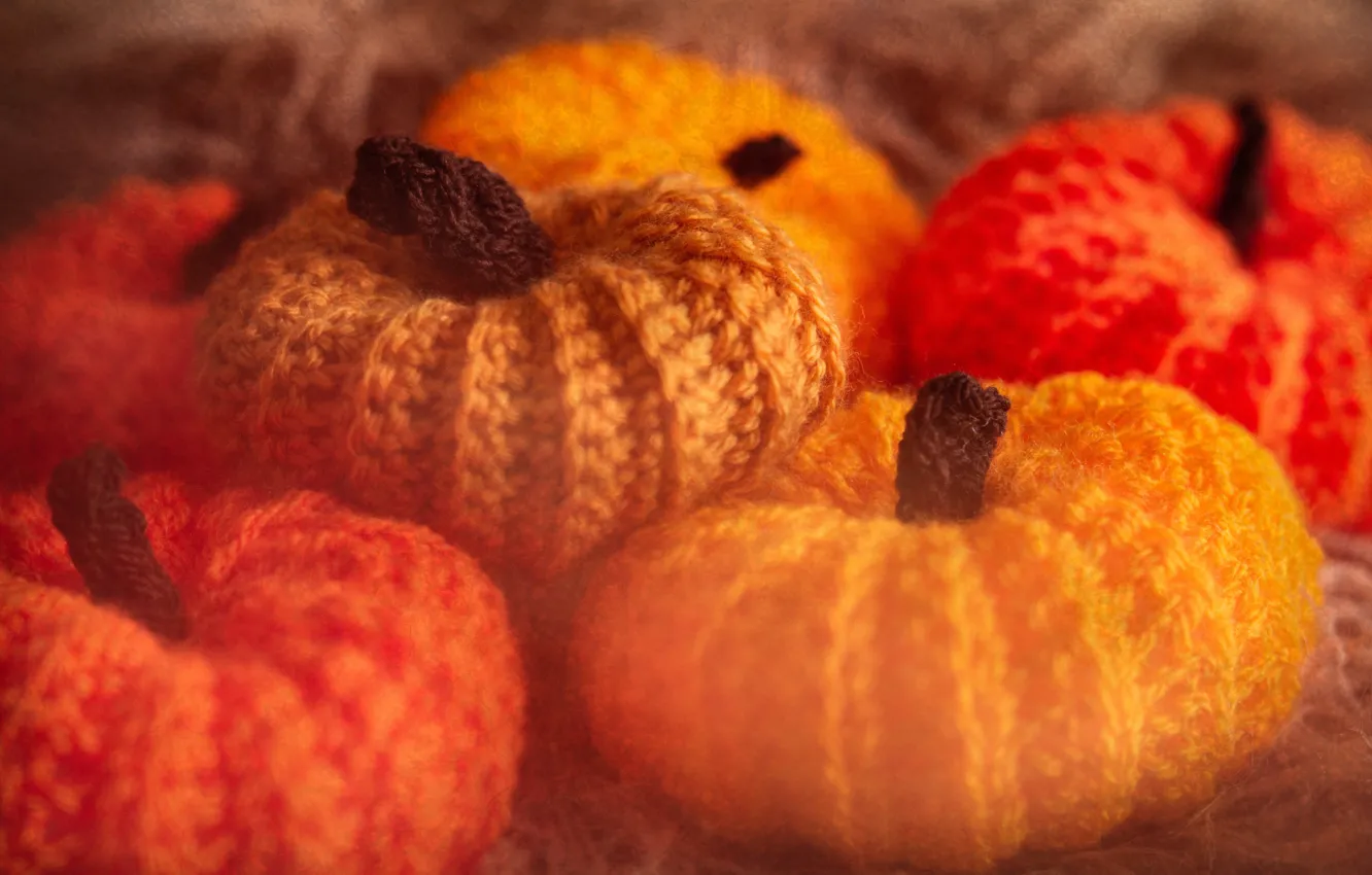 Photo wallpaper autumn, toy, treatment, pumpkin, bokeh, yarn, knitted