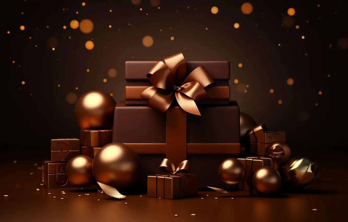 Photo wallpaper balls, the dark background, gift, new year, chocolate, Christmas, gold, gold plated