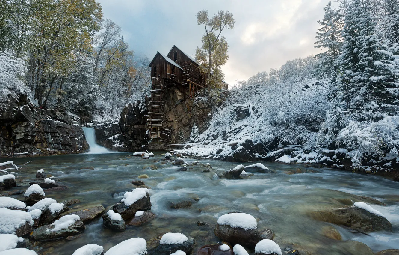 Photo wallpaper snow, river, mill, Crystal Mill
