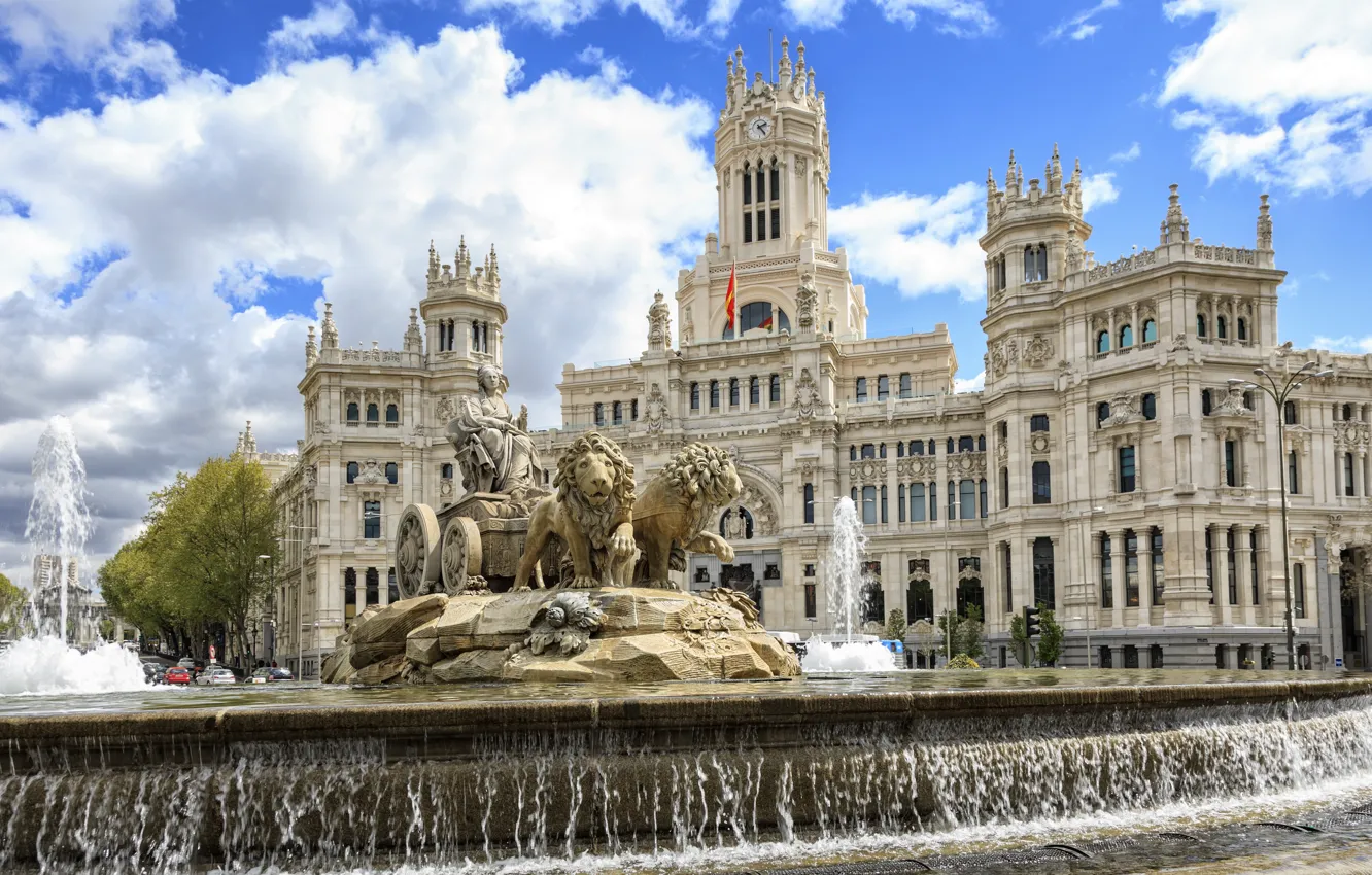 Photo wallpaper city, Spain, architecture, palace, Madrid, fountain, Plaza de Cibeles, Source of Cybele