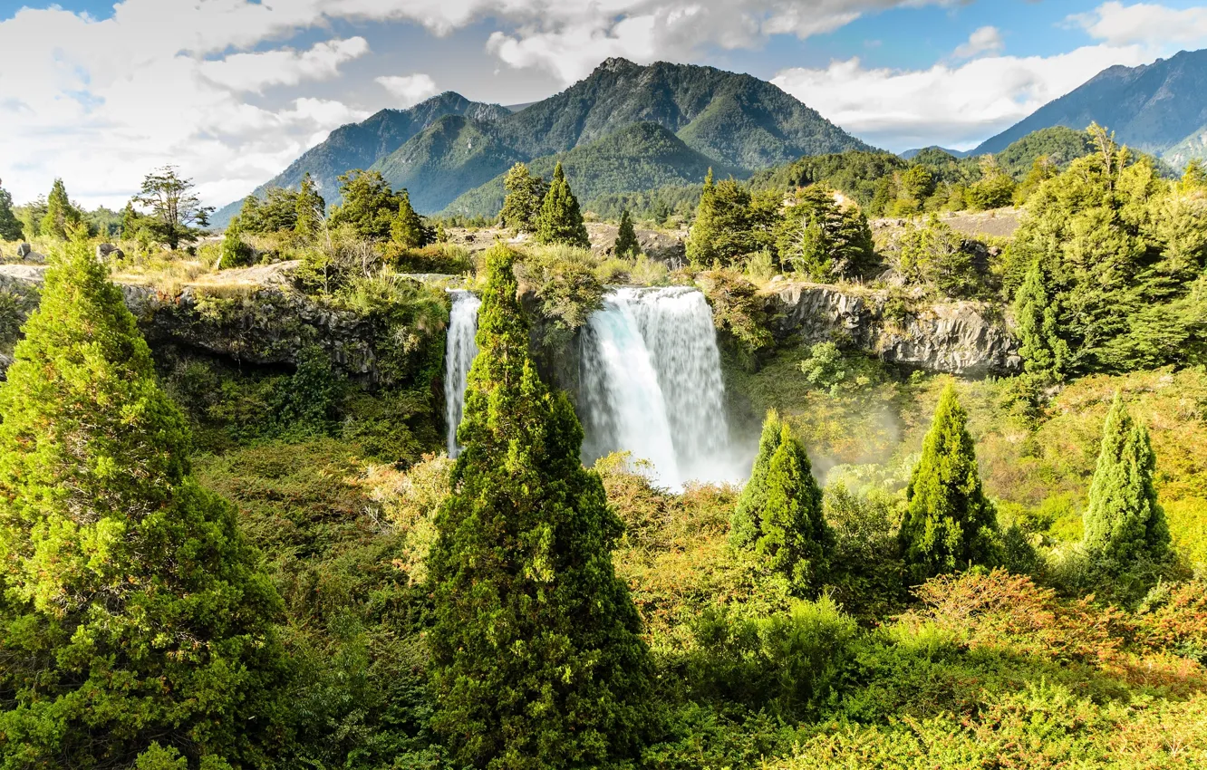 Photo wallpaper trees, mountains, Chile, Chile, Truful-Truful waterfall, National Park Conguillo, Conguillio National Park, Truful-Truful waterfall