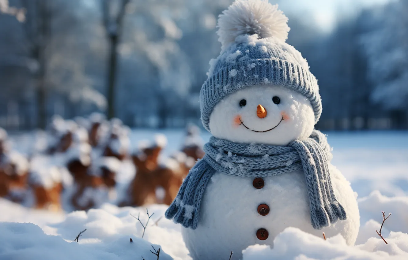 Photo wallpaper winter, snow, new year, Christmas, snowman, Christmas, winter, snow
