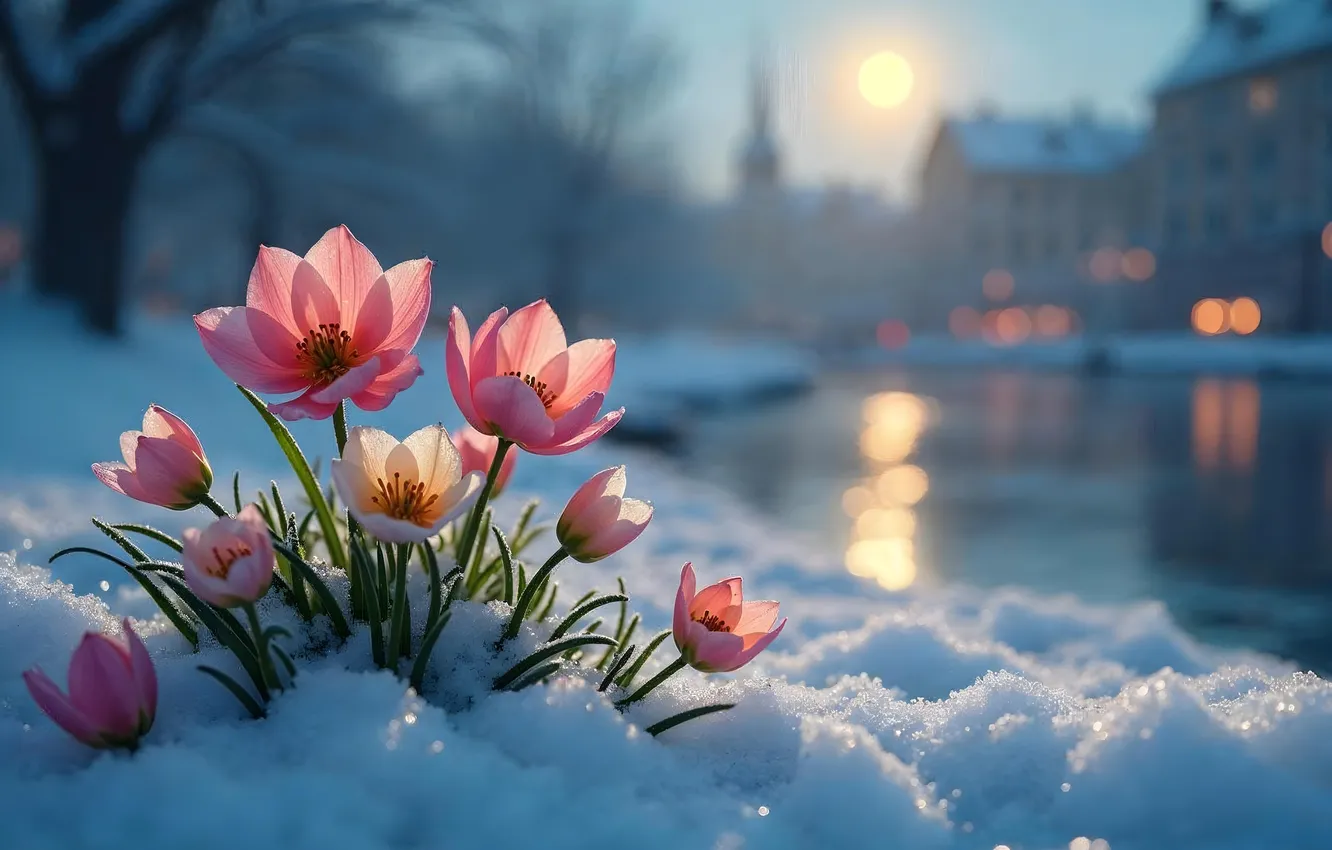 Photo wallpaper winter, snow, flowers, spring, pink, flowers, winter, snow