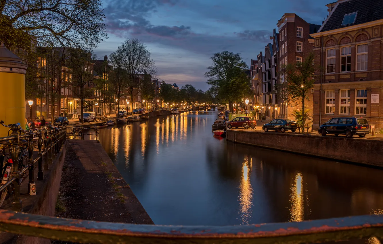 Photo wallpaper machine, the city, the evening, Amsterdam, Netherlands, water channel