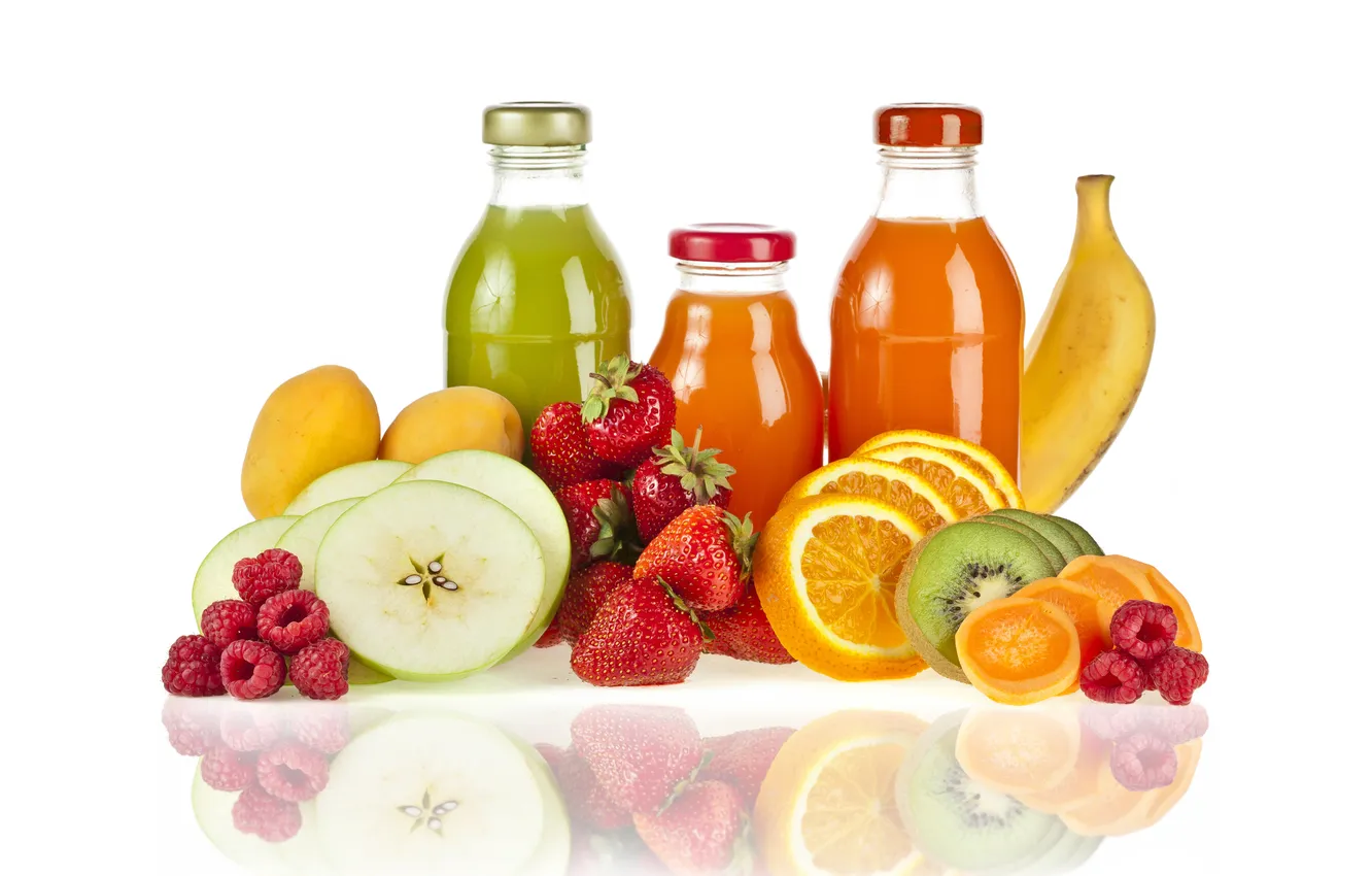 Photo wallpaper reflection, apples, oranges, strawberry, fruit, banana, natural juice, bottle