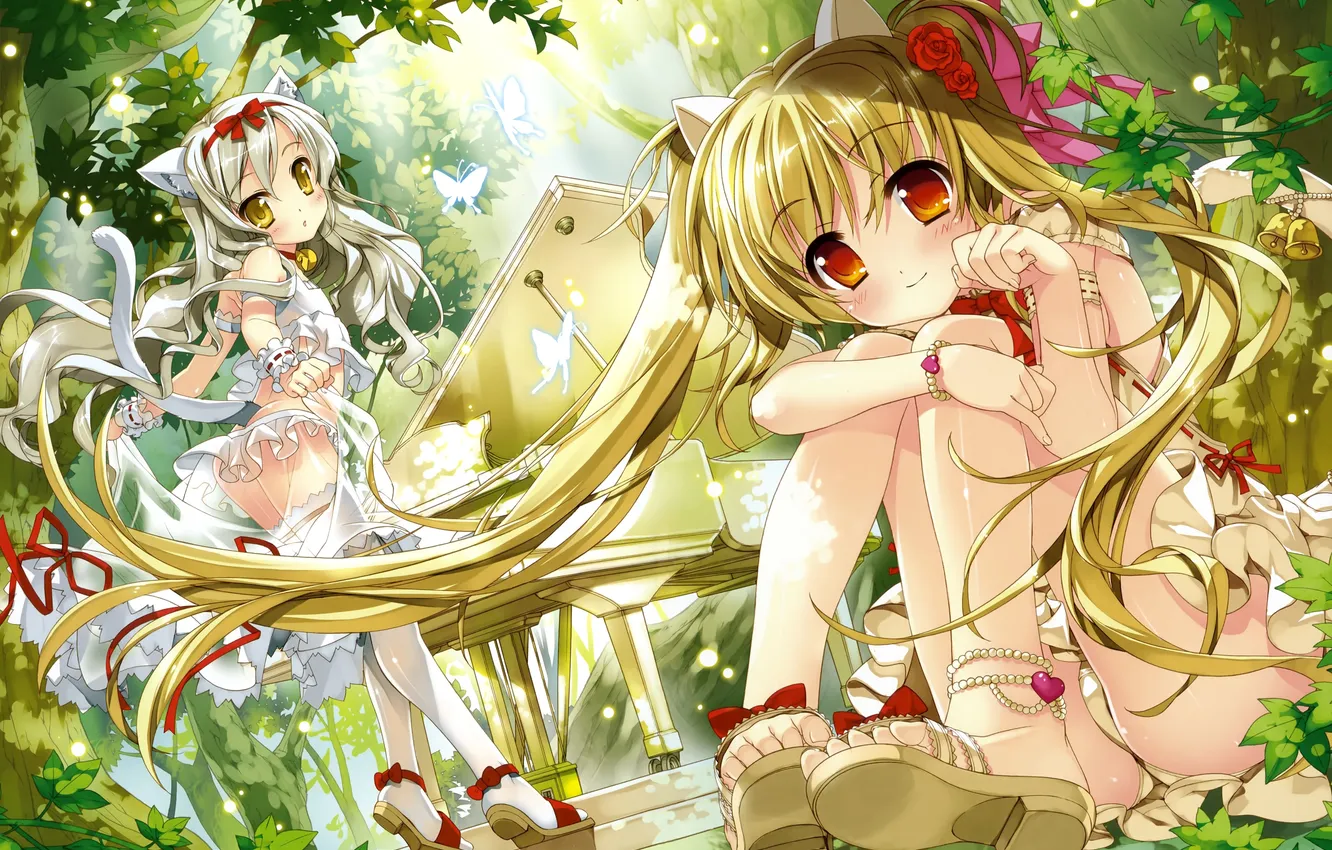 Photo wallpaper girl, nature, piano, cat ears, the cat's tail, Takuya Fujima