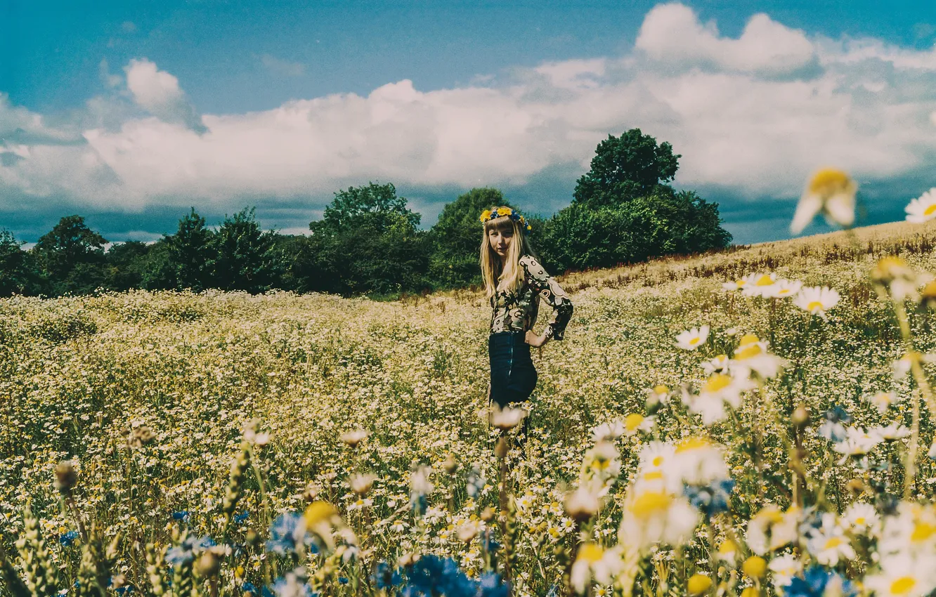 Photo wallpaper girl, blouse, sky, field, flowers, clouds, hair, skirt