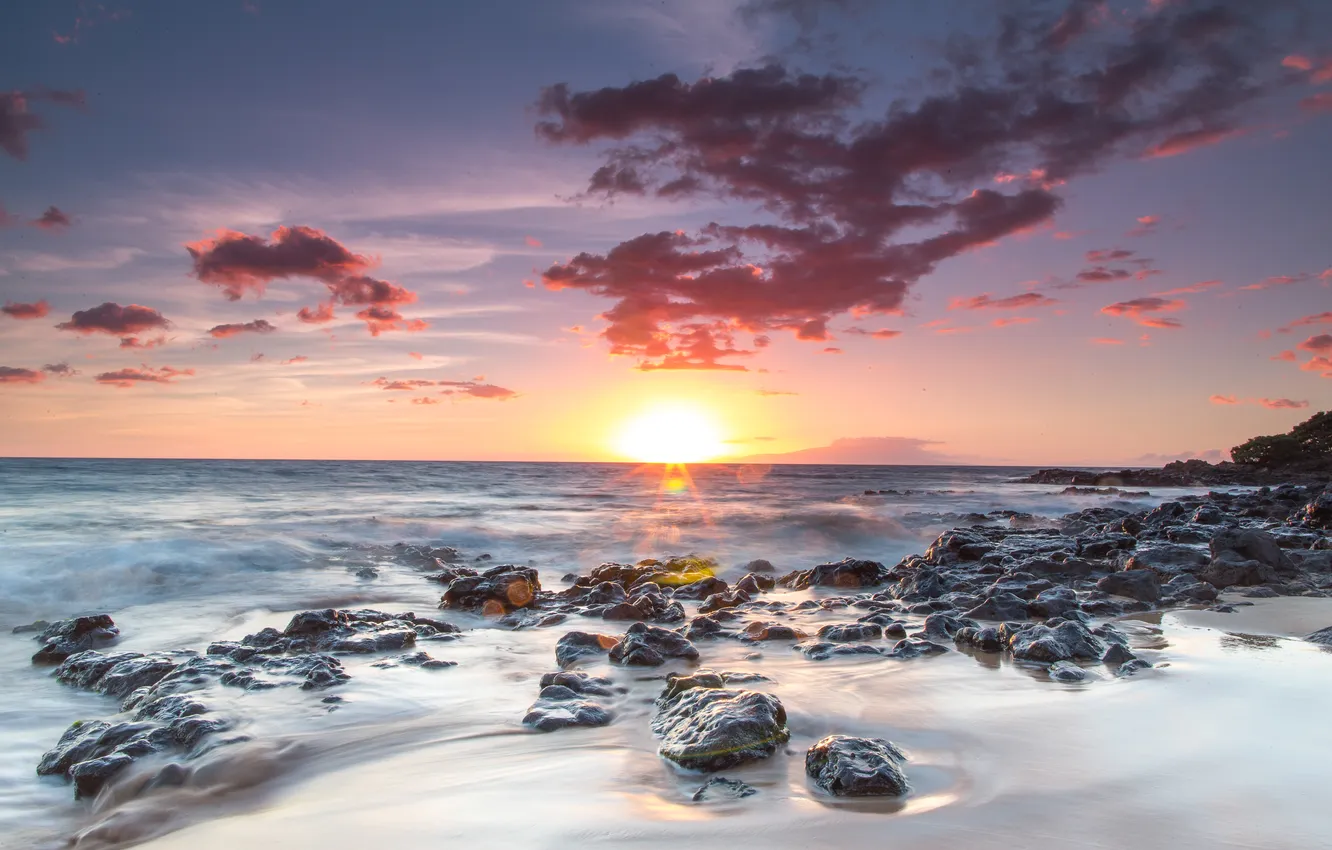 Photo wallpaper stones, the ocean, dawn, shore, Kihei, Hawai