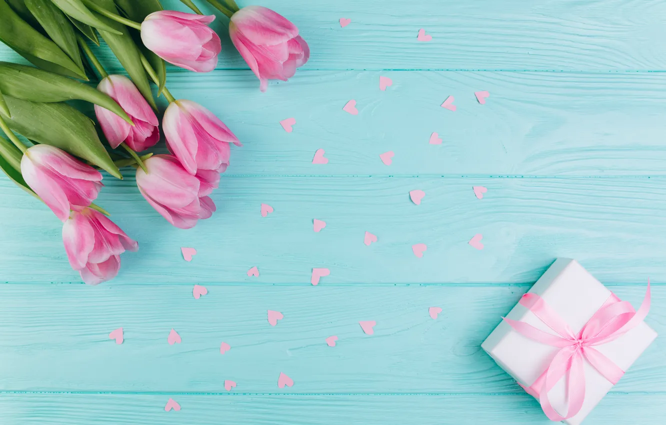 Photo wallpaper love, flowers, gift, hearts, tulips, love, pink, fresh