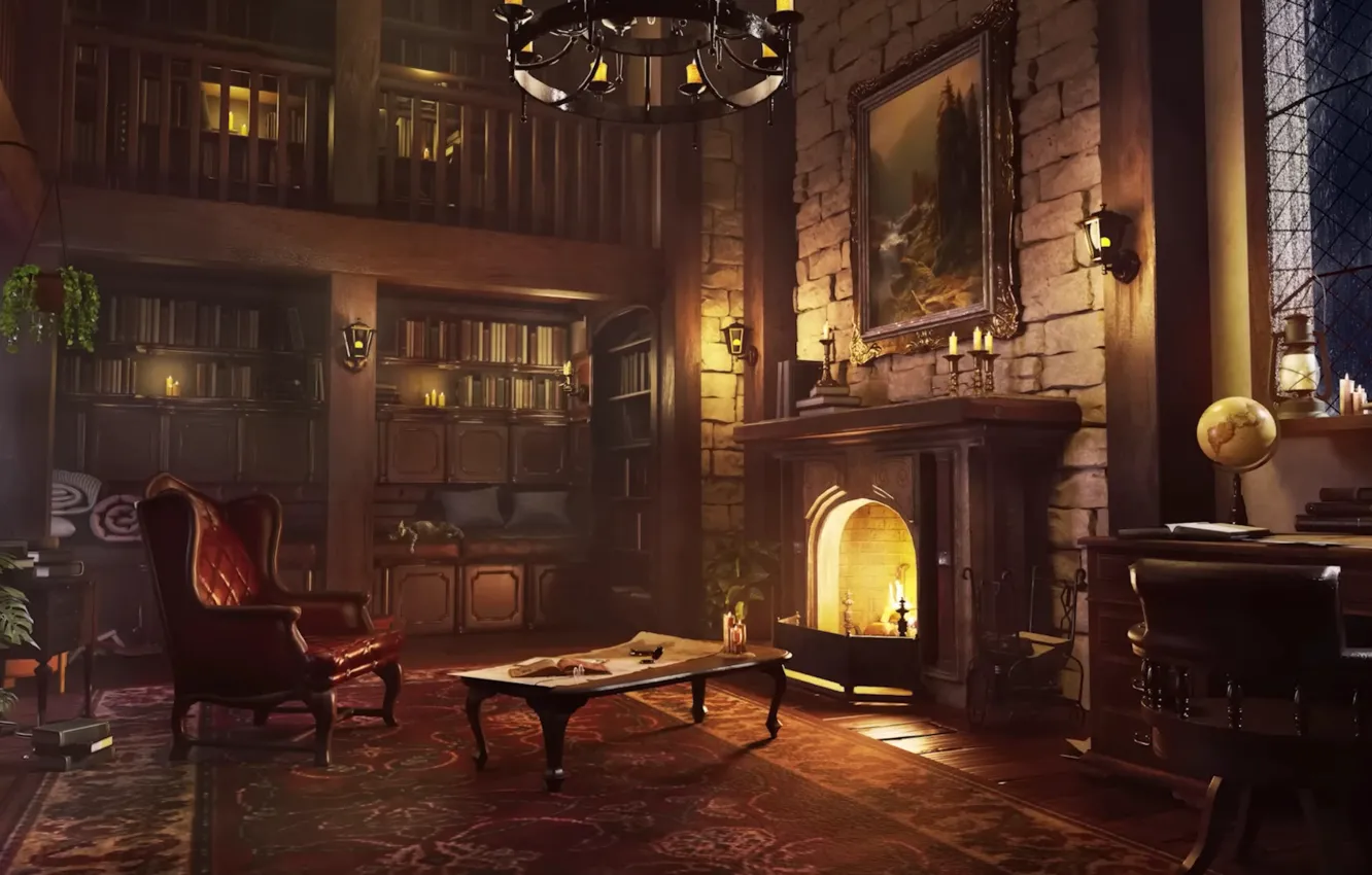 Photo wallpaper lights, saloon, castle, fireplace