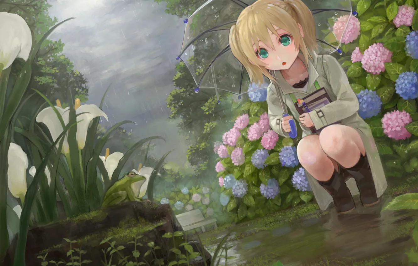 Photo wallpaper flowers, rain, frog, umbrella, garden, girl, flowerbed