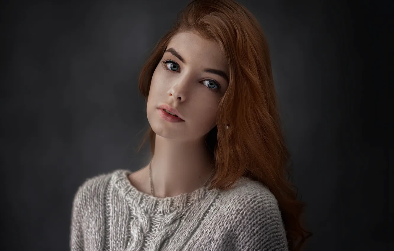 Photo wallpaper look, girl, background, portrait, tilt, red, blue-eyed, beauty