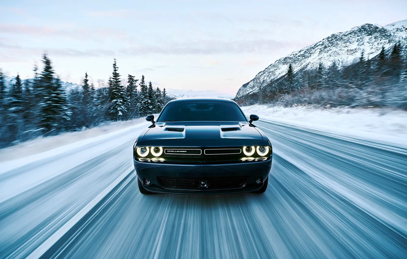 Photo wallpaper sky, dodge, challenger, mountains, speed, racing, spruce, movement