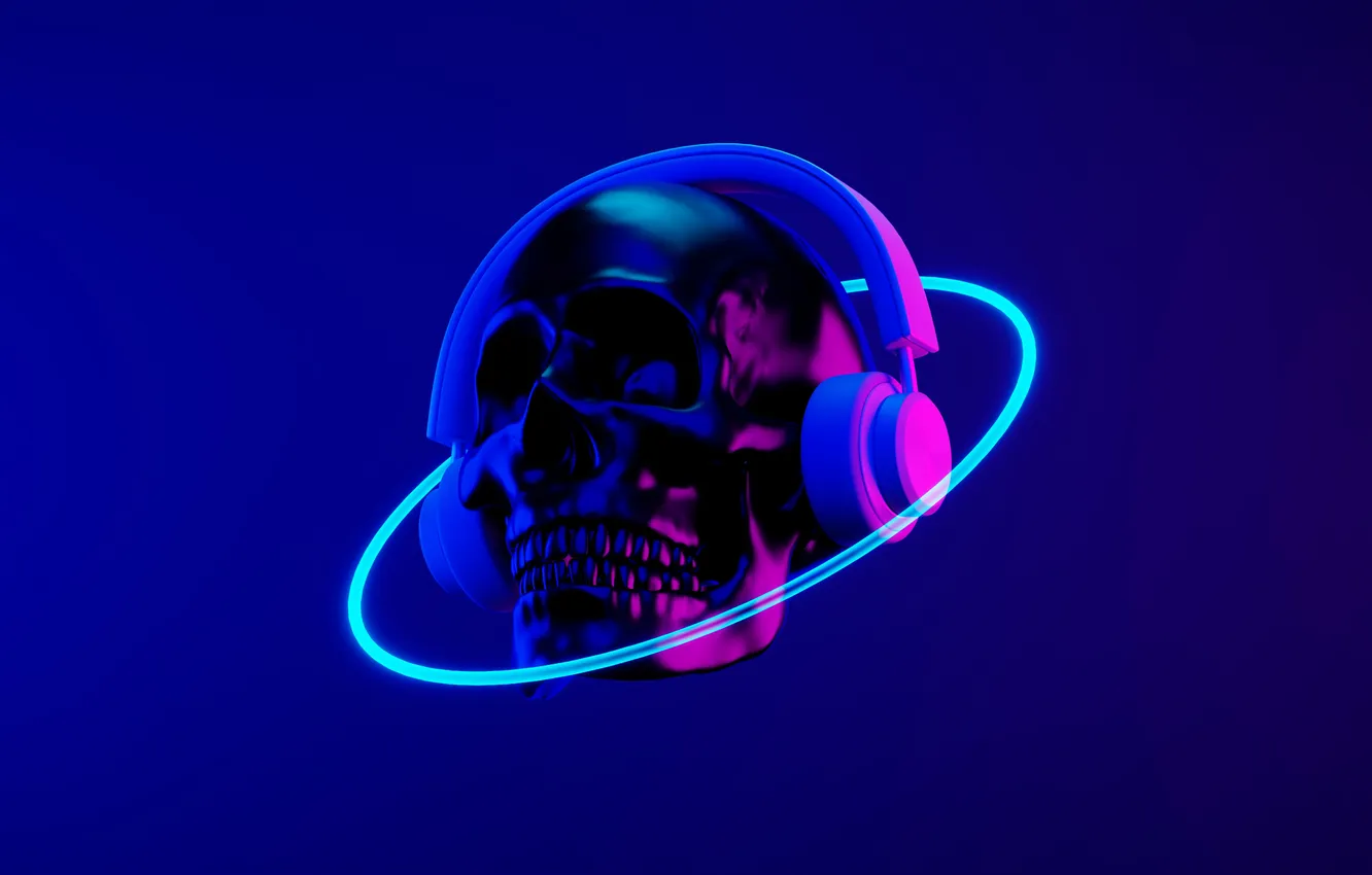 Photo wallpaper skull, neon, headphones, sake, Neon, dubstep, dark blue
