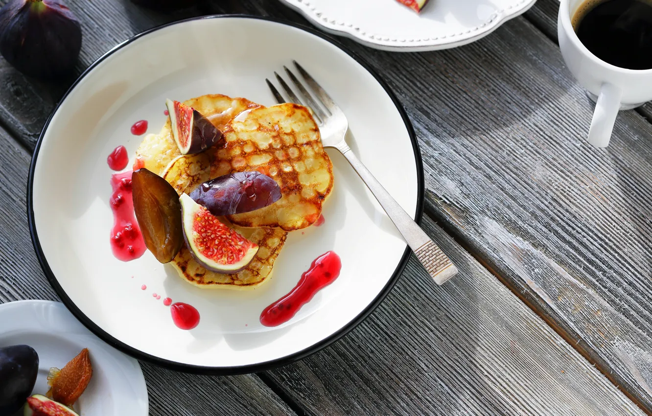 Photo wallpaper coffee, food, Breakfast, pancakes, figs