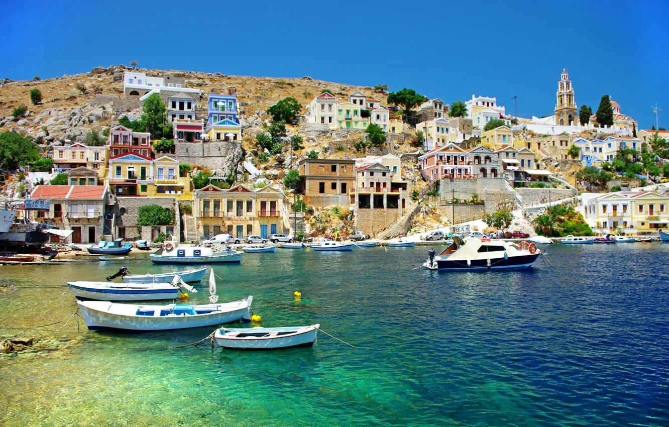 Photo wallpaper sea, coast, home, boats, Greece, Greece