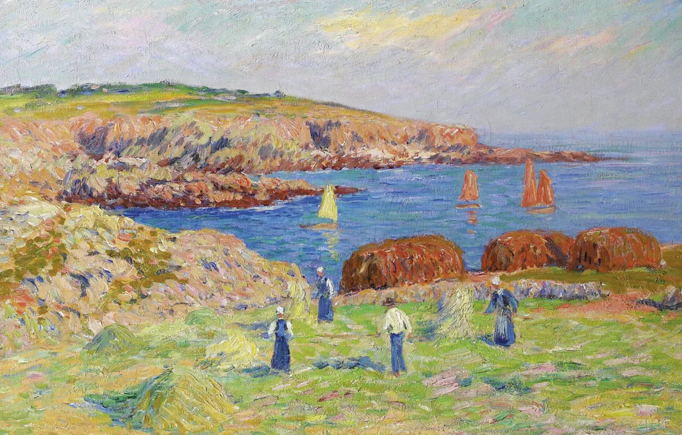 Photo wallpaper landscape, picture, Henri Sea, Henry Moret, Hay Stacking at the Port of Doelan