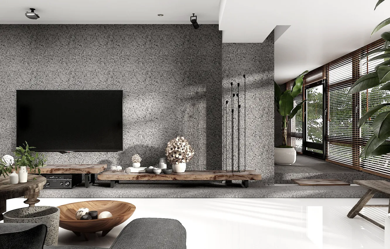 Photo wallpaper green, grey, tree, interior, modern, plants, concrete, living room