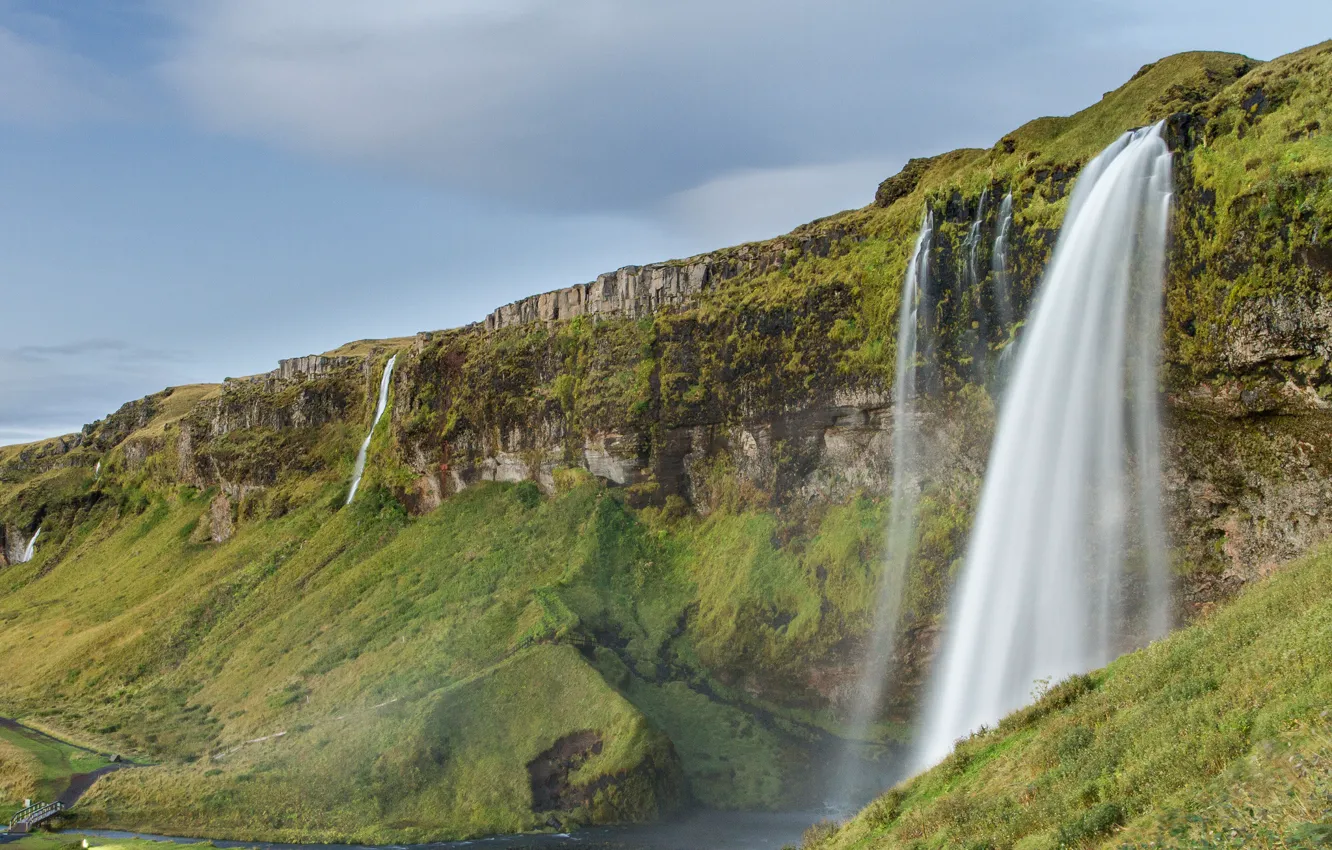Photo wallpaper the sky, mountains, rocks, waterfall, stream, Iceland