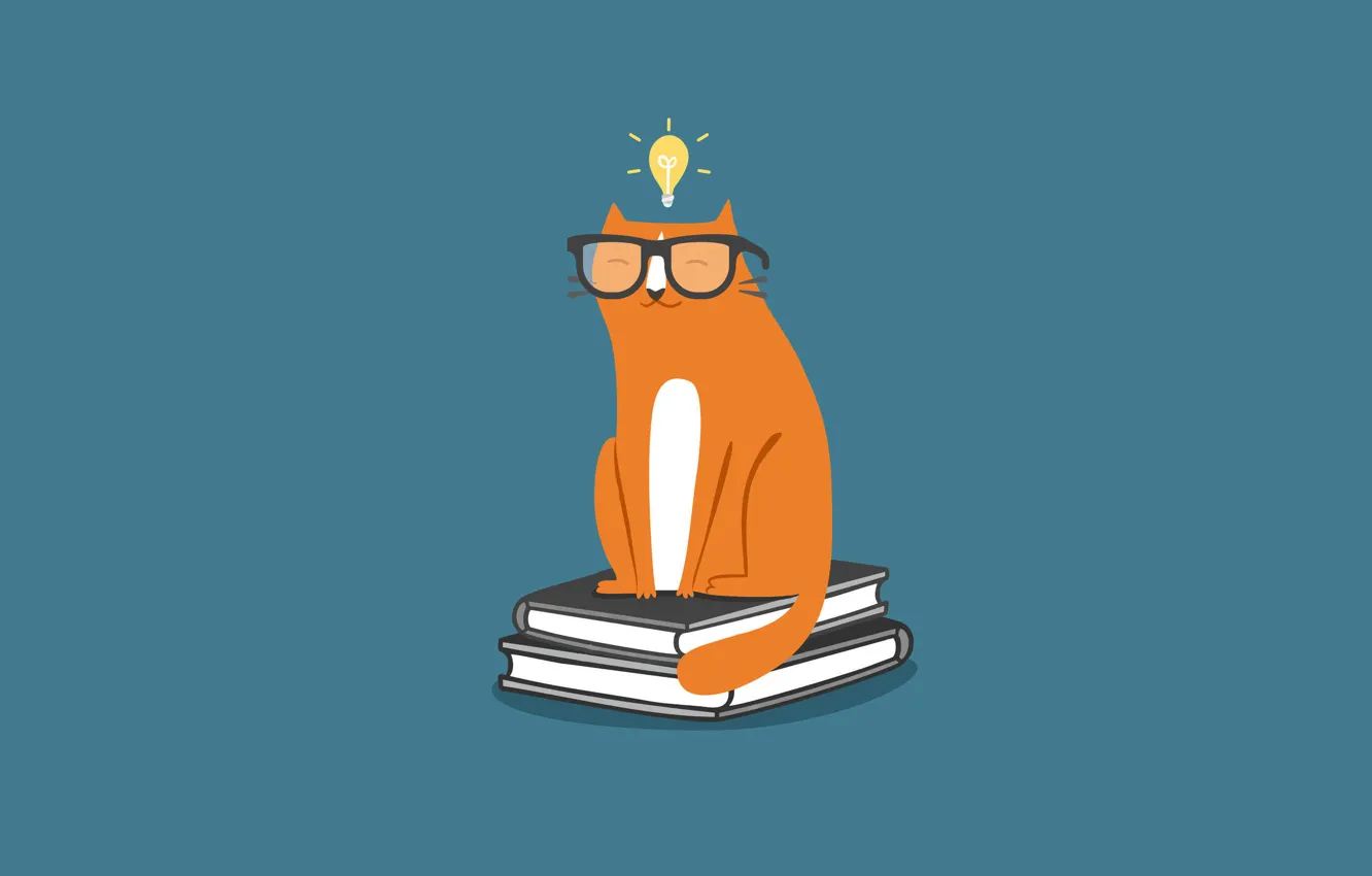 Photo wallpaper cat, cat, light bulb, books, minimalism, glasses, cat, textbooks