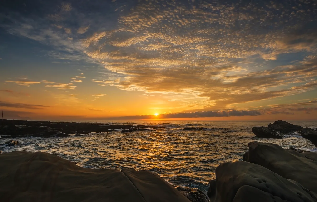 Photo wallpaper sea, the sun, sunset, stones, shore