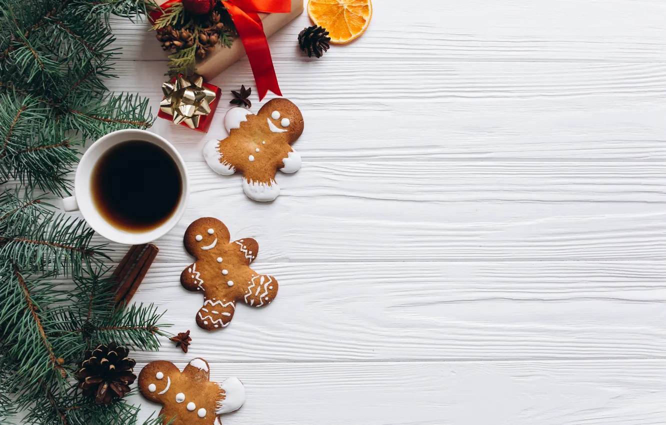 Photo wallpaper new year, coffee, spruce, gingerbread, treats