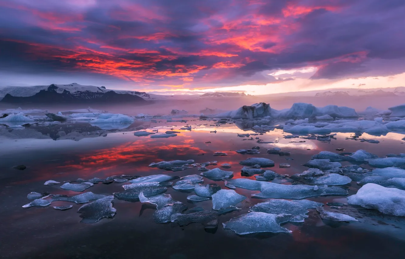 Photo wallpaper the sky, clouds, nature, paint, ice, the evening, morning, Iceland