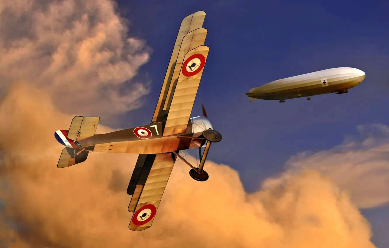 Photo wallpaper Clouds, The airship, German, WWI, Sopwith Triplane, The first World war, Fighter-Triplane