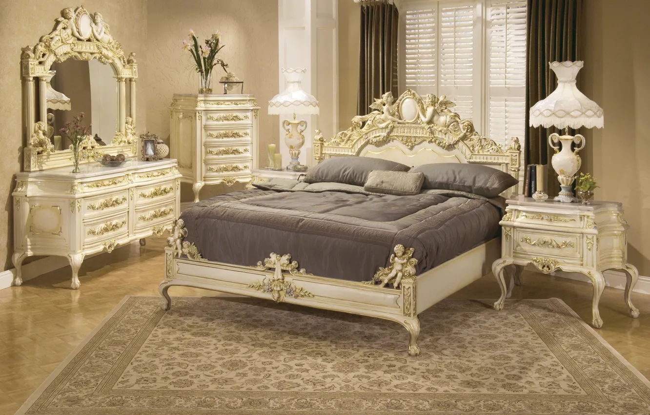 Photo wallpaper flowers, lamp, gold, furniture, bed, mirror, vase, luxury