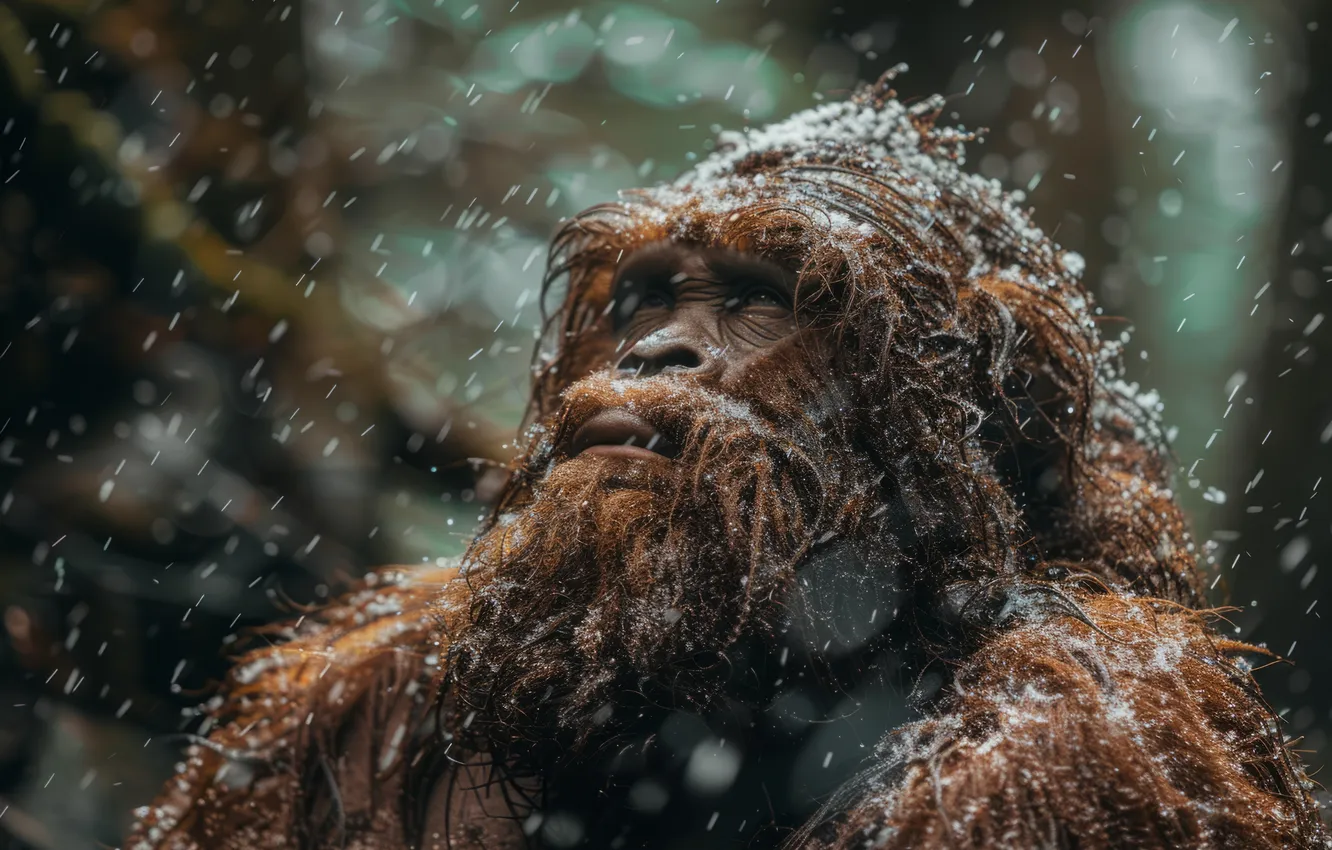 Photo wallpaper look, face, snow, being, Yeti, Bigfoot, digital art, Bigfoot