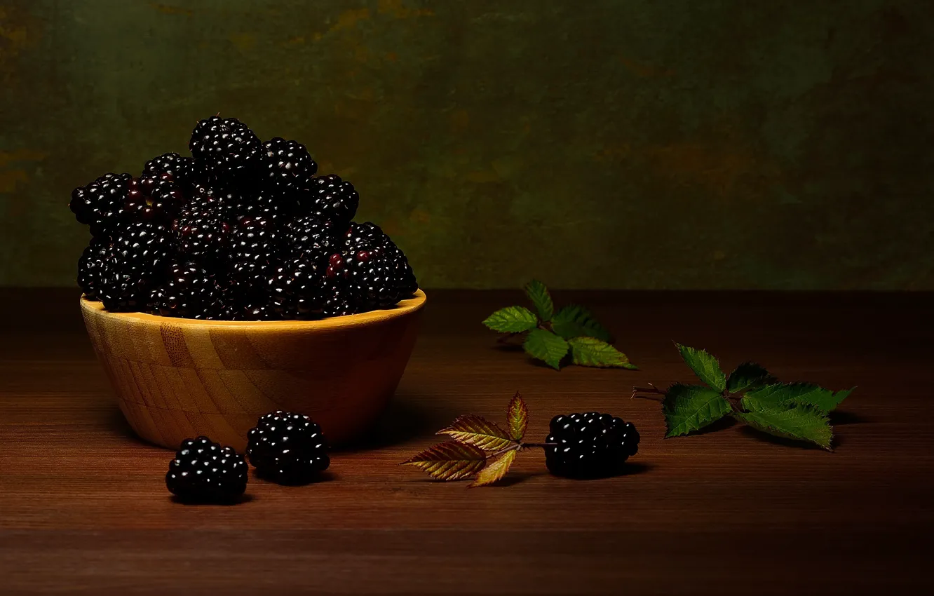 Photo wallpaper leaves, berries, the dark background, table, bowl, still life, BlackBerry