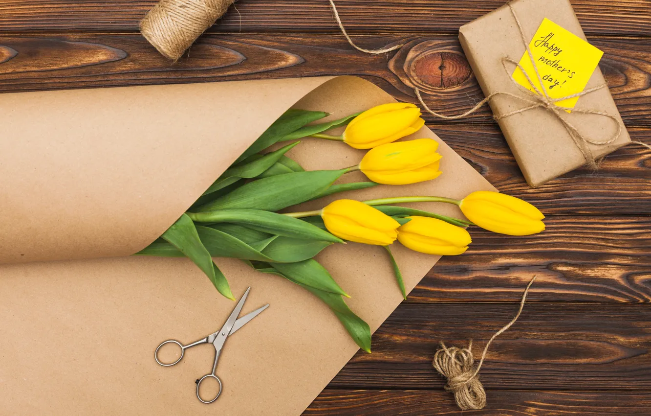 Photo wallpaper flowers, yellow, tulips, yellow, wood, flowers, tulips, spring
