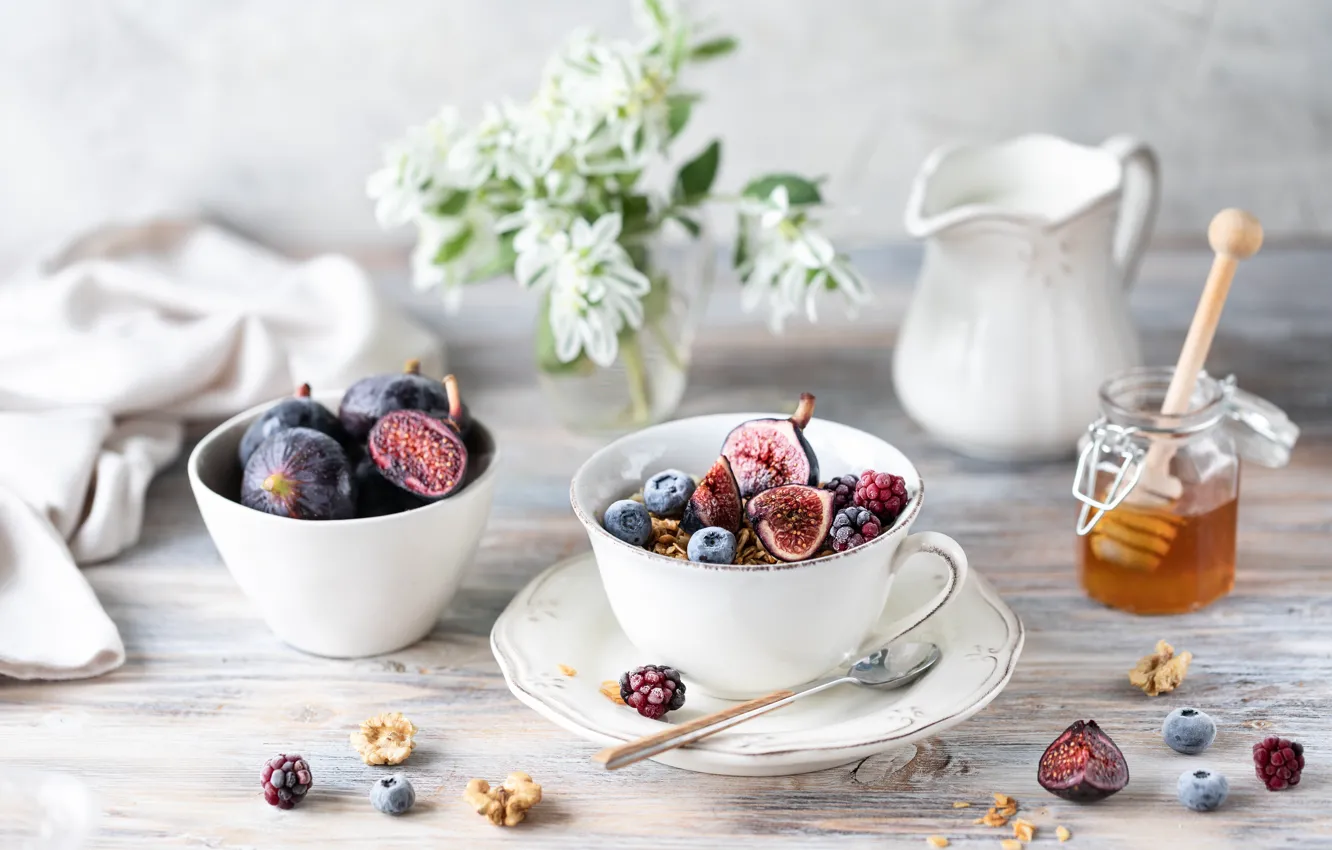 Photo wallpaper figs, cheese, Karina Klachuk, berries, honey, Breakfast