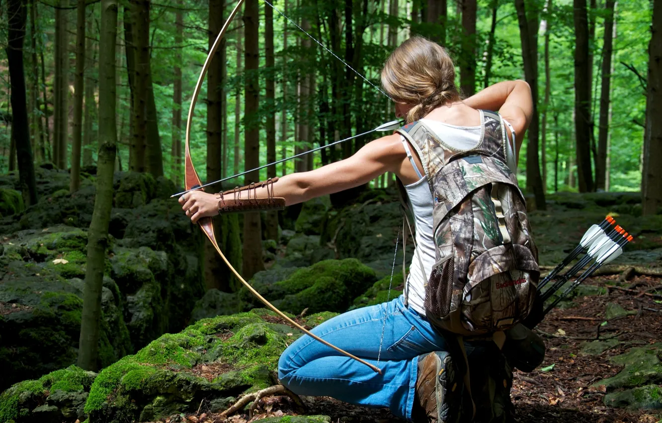 Photo wallpaper woman, pose, archery, bowhunting