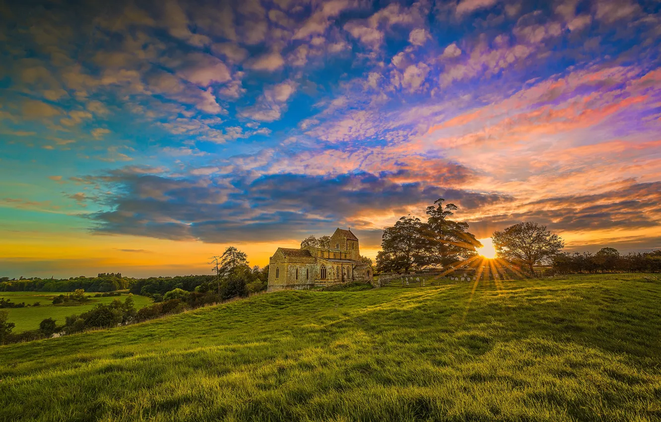Photo wallpaper field, the sky, clouds, castle