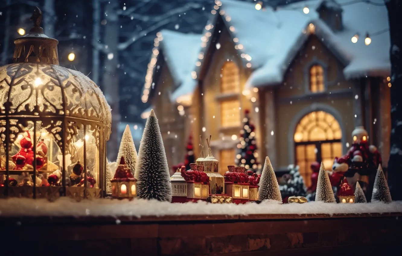 Photo wallpaper winter, snow, decoration, night, the city, lights, balls, street