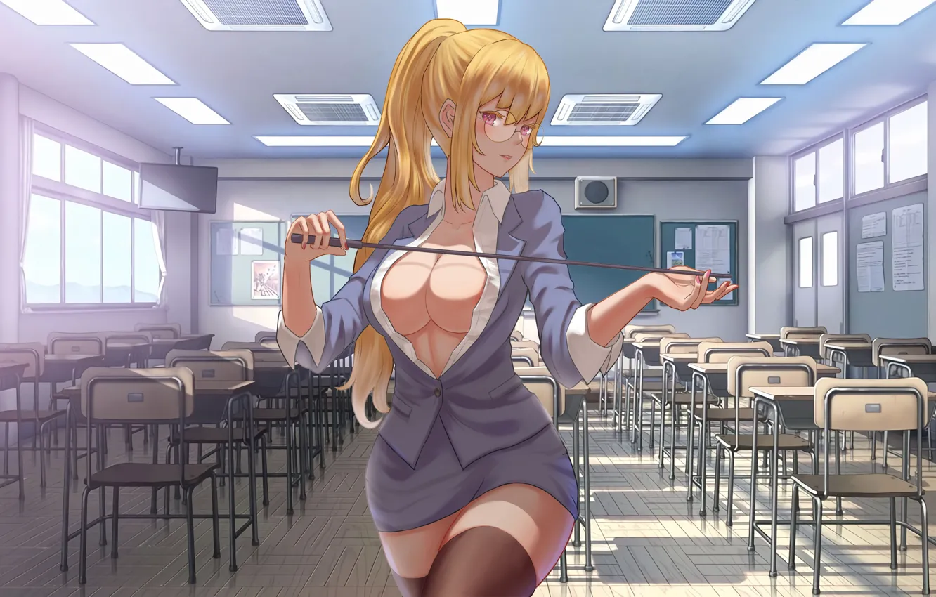 Photo wallpaper chest, look, stockings, anime, glasses, class, teacher